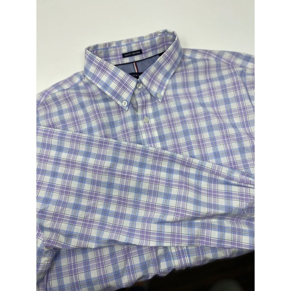 Tommy Hilfiger Mens Button Up Purple Plaid Shirt 16 1/2 34/35 Slim Fit Non Iron